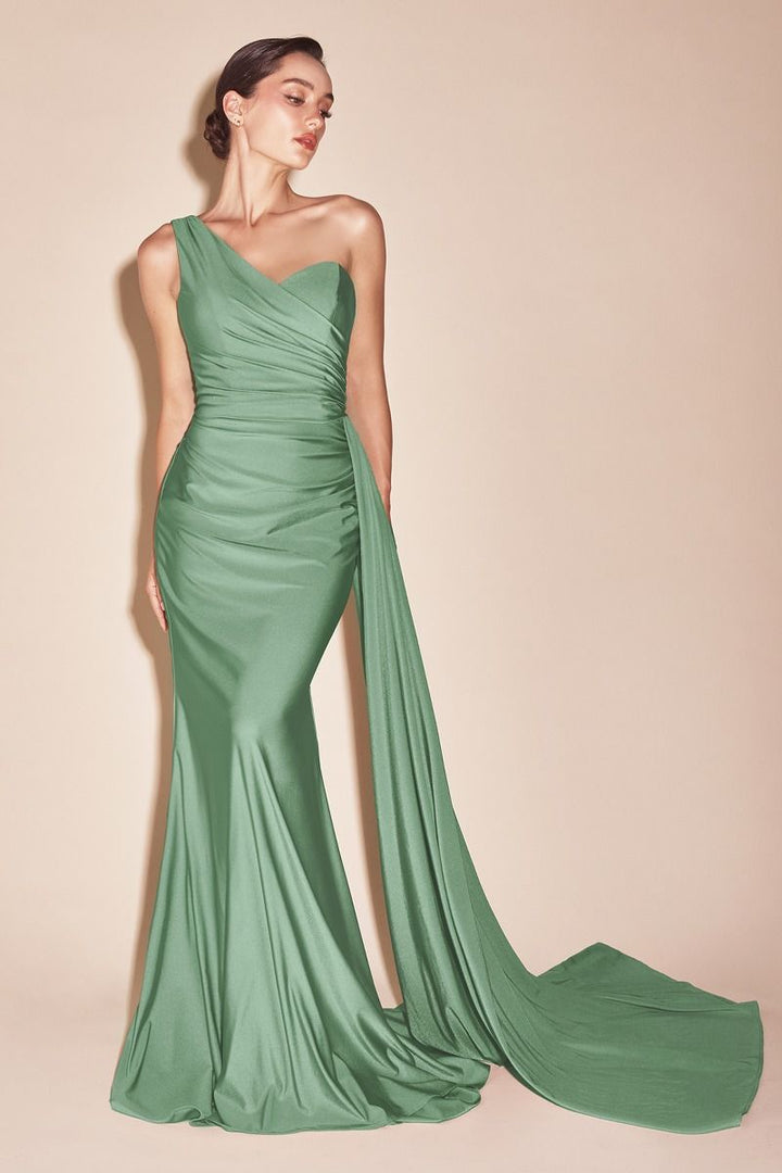 One Shoulde Stretch Satin Mermaid Side Hip Sash Long Prom Dress CDPT004-0