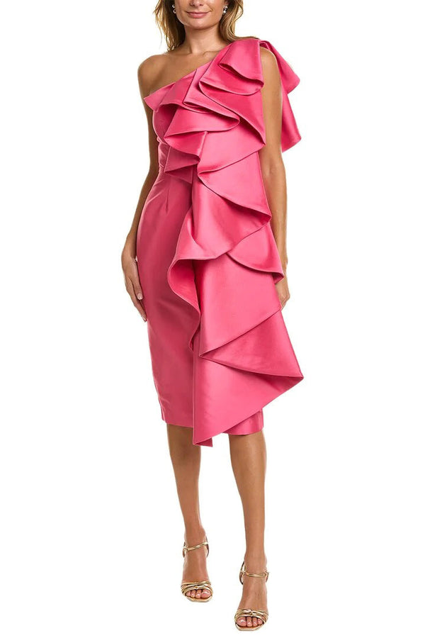 Badgley Mischka ruffled One-shoulder zipper closure stretch mikado dress-0
