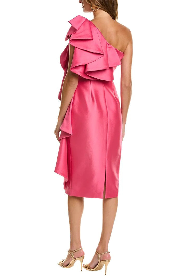 Badgley Mischka ruffled One-shoulder zipper closure stretch mikado dress-1