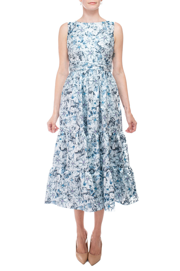 Badgley Mischka bateau neck sleeveless cutout back ruffled hem A-line floral print jacquard dress-0