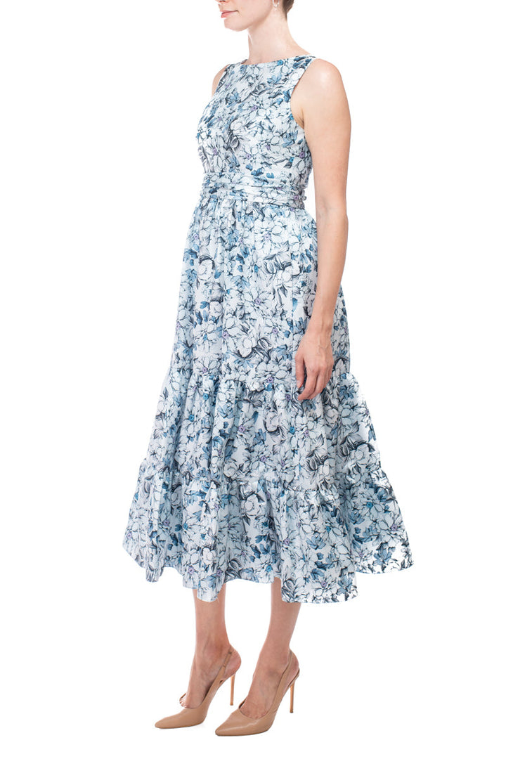 Badgley Mischka bateau neck sleeveless cutout back ruffled hem A-line floral print jacquard dress-1