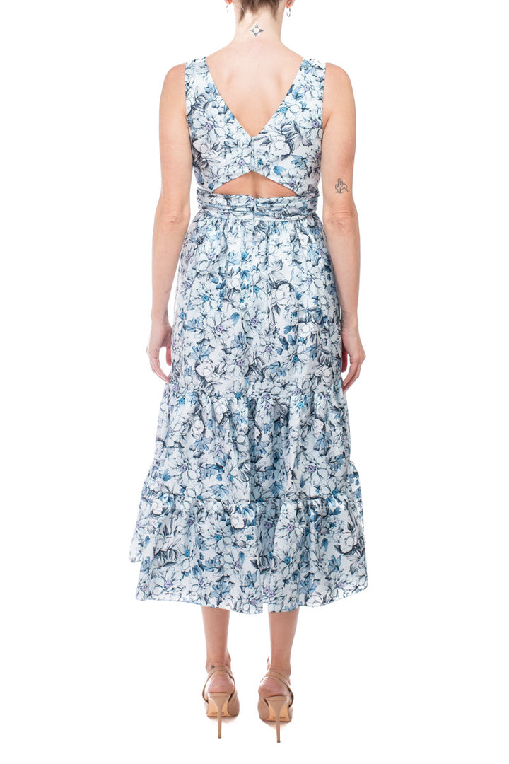Badgley Mischka bateau neck sleeveless cutout back ruffled hem A-line floral print jacquard dress-2