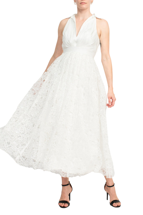 Badgley Mischka Crepon-paneled Guipure Lace Midi Shirt Dress - Wholesale-0