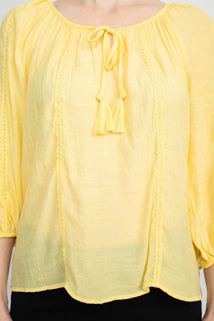 Zac & Rachel Scoop Neck Tie Neck 3/4 Sleeve Solid Crepe Chiffon Top-3