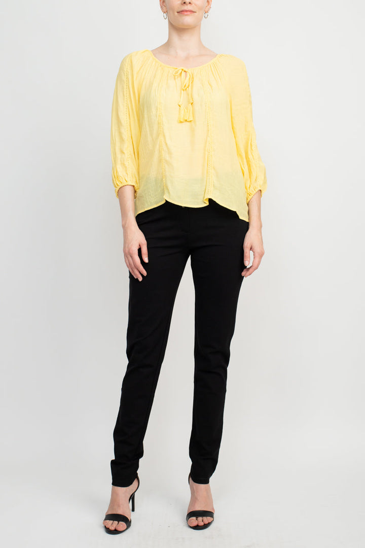 Zac & Rachel Scoop Neck Tie Neck 3/4 Sleeve Solid Crepe Chiffon Top-4