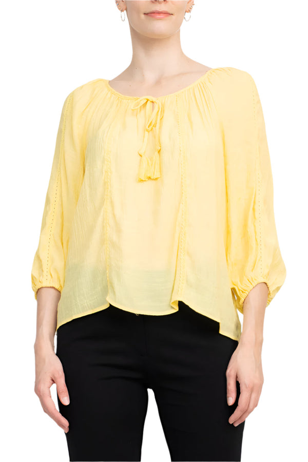 Zac & Rachel Scoop Neck Tie Neck 3/4 Sleeve Solid Crepe Chiffon Top-0
