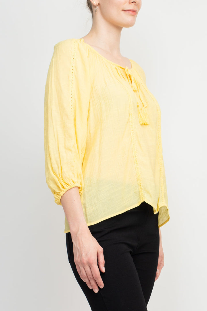Zac & Rachel Scoop Neck Tie Neck 3/4 Sleeve Solid Crepe Chiffon Top-1