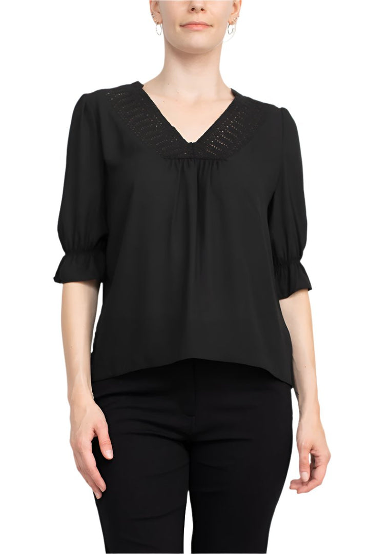 Zac & Rachel Lace V-Neck 3/4 Sleeve Solid Crepe Top-1