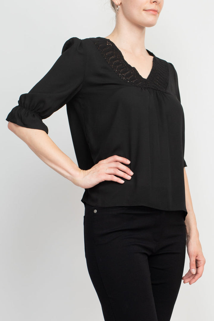 Zac & Rachel Lace V-Neck 3/4 Sleeve Solid Crepe Top-3