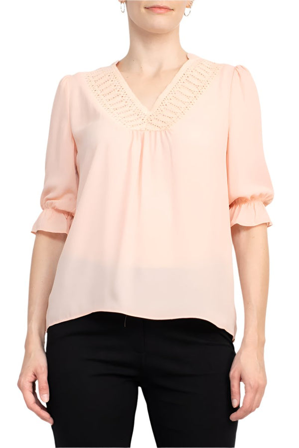Zac & Rachel Lace V-Neck 3/4 Sleeve Solid Crepe Top-0