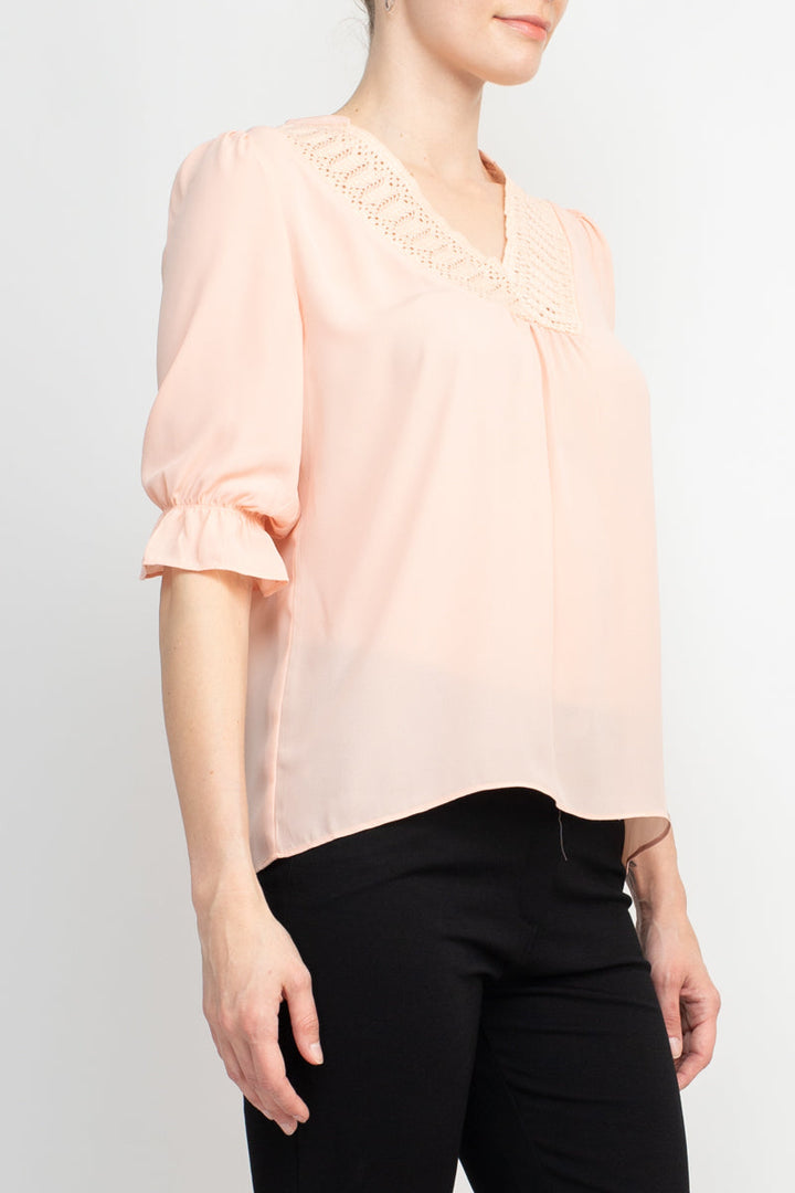 Zac & Rachel Lace V-Neck 3/4 Sleeve Solid Crepe Top-2