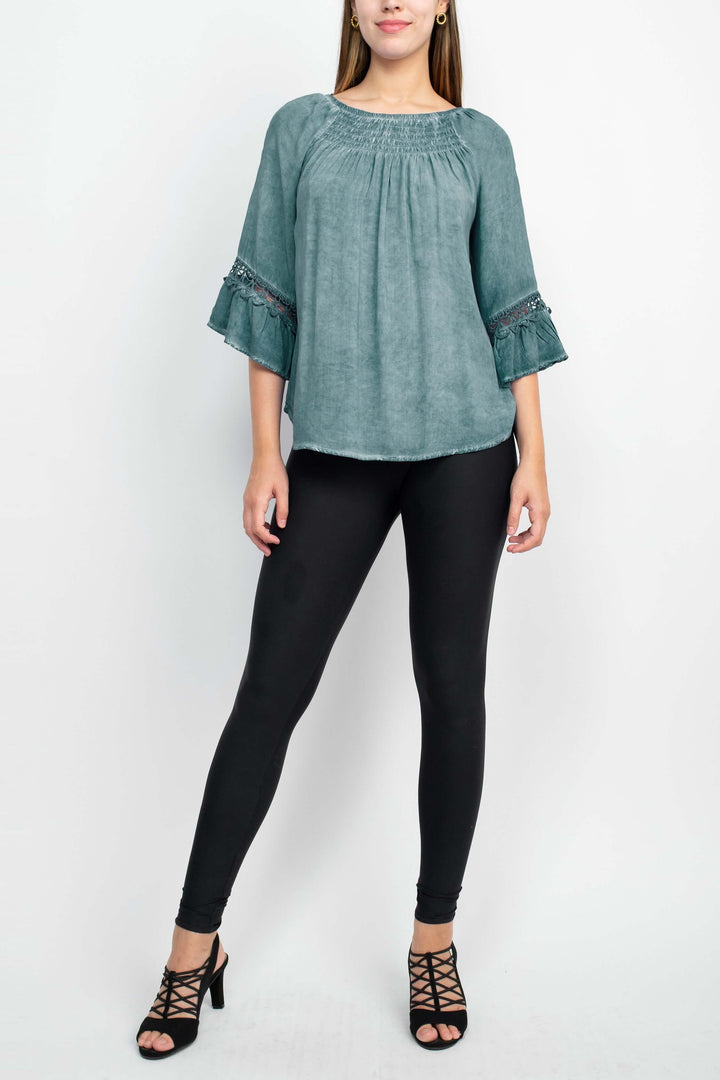 Floral + Ivy Round Neck 3/4 Sleeve Ruched Neck Rayon Top-3
