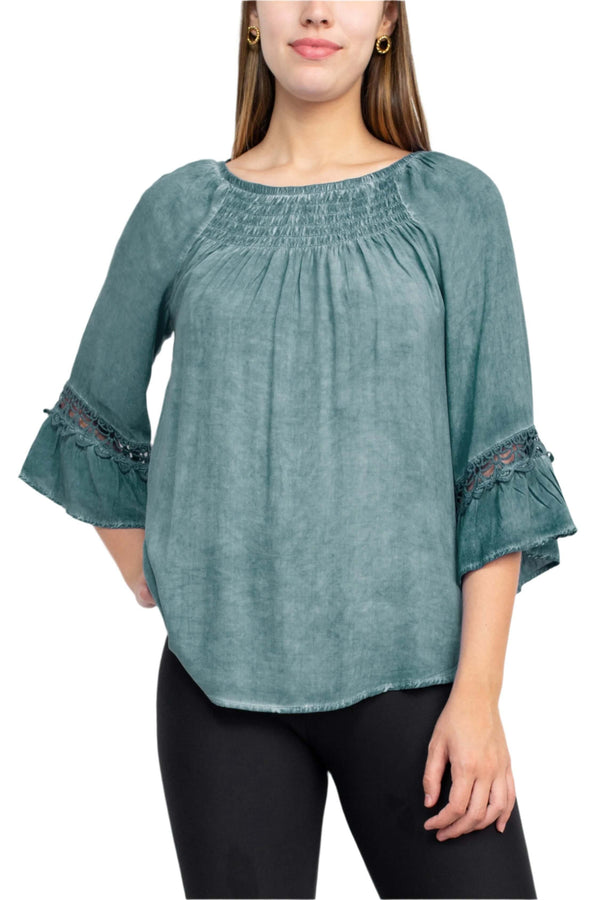 Floral + Ivy Round Neck 3/4 Sleeve Ruched Neck Rayon Top-0