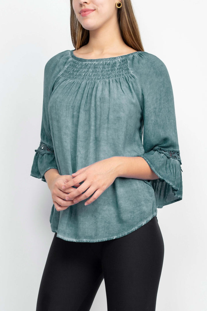 Floral + Ivy Round Neck 3/4 Sleeve Ruched Neck Rayon Top-1