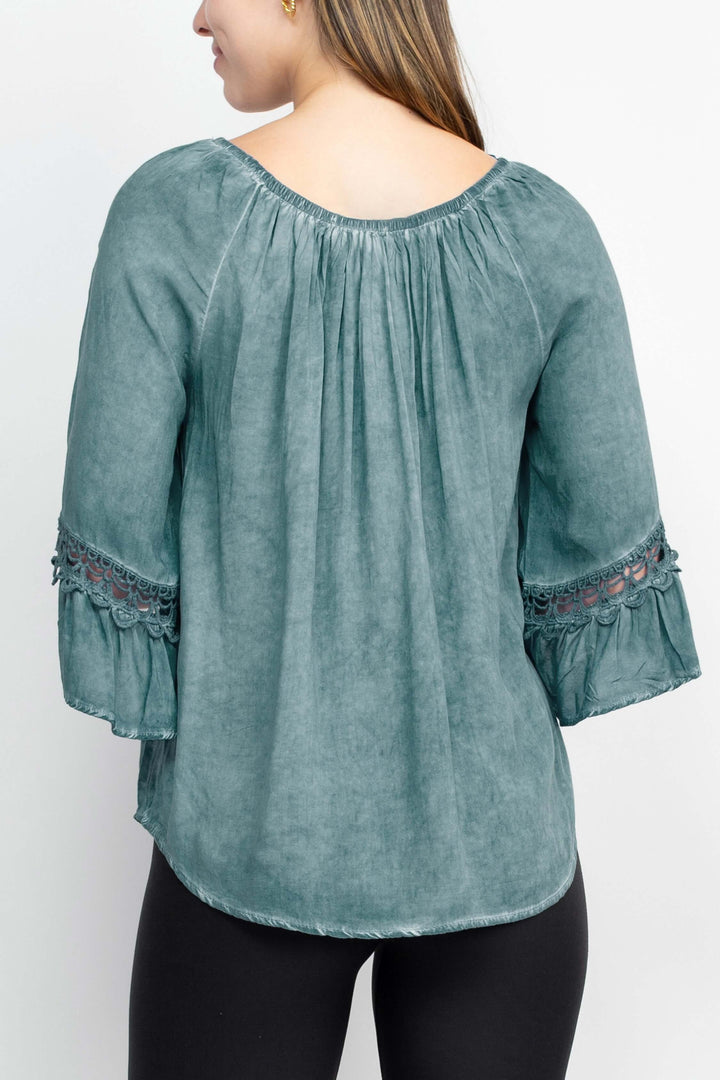 Floral + Ivy Round Neck 3/4 Sleeve Ruched Neck Rayon Top-2