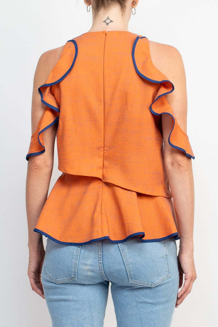 WHY Dress Crew Neck Ruffled Sleeveless Zipper Back Piping Detail Popover Crepe Top-2