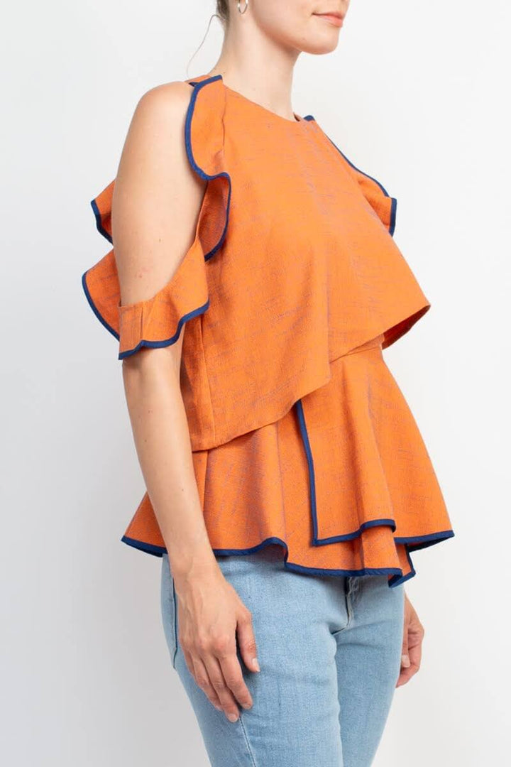 WHY Dress Crew Neck Ruffled Sleeveless Zipper Back Piping Detail Popover Crepe Top-1