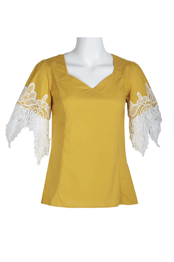 Why Dress V-Neck Short Lace Sleeve Zipper Back Cotton Top-0