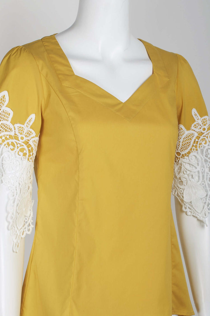 Why Dress V-Neck Short Lace Sleeve Zipper Back Cotton Top-2