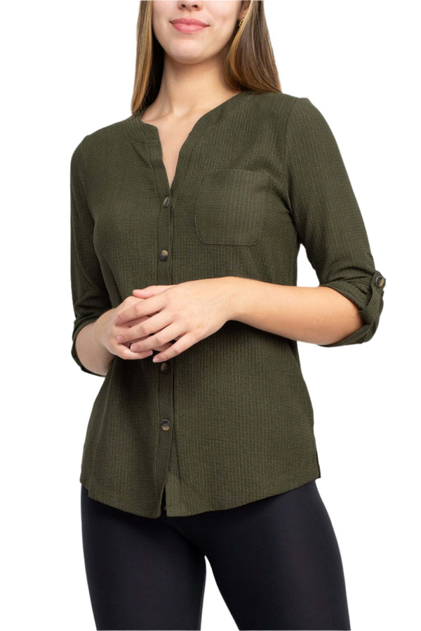 Floral + Ivy Notched Button Down 3/4 Sleeve Solid Knit Top with Front Pocket-0
