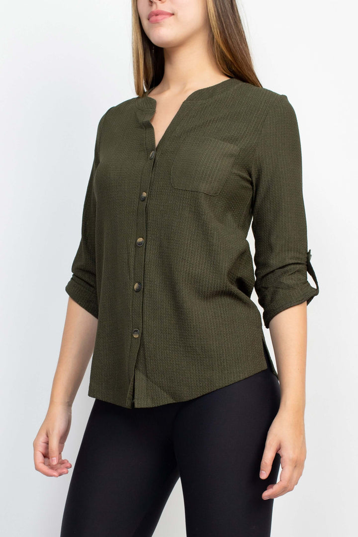 Floral + Ivy Notched Button Down 3/4 Sleeve Solid Knit Top with Front Pocket-4