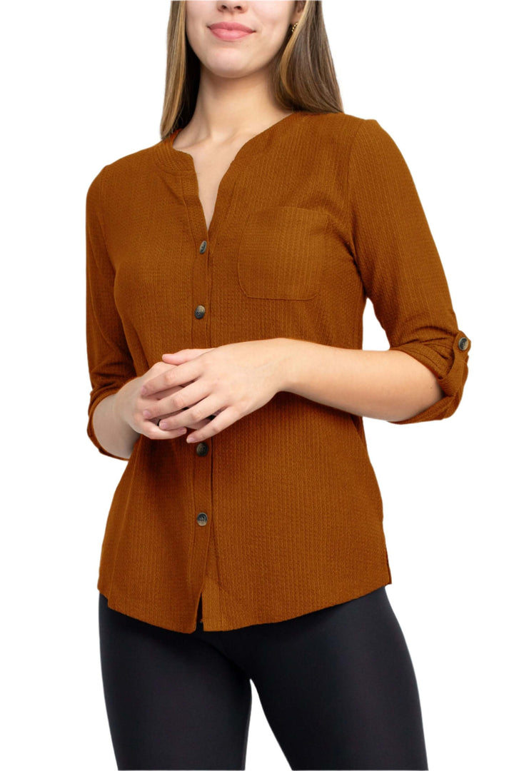 Floral + Ivy Notched Button Down 3/4 Sleeve Solid Knit Top with Front Pocket-1