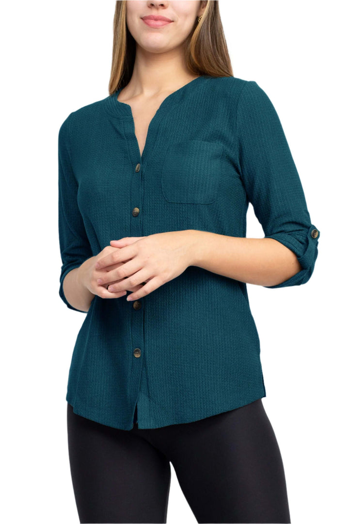 Floral + Ivy Notched Button Down 3/4 Sleeve Solid Knit Top with Front Pocket-2