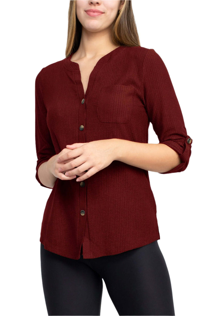 Floral + Ivy Notched Button Down 3/4 Sleeve Solid Knit Top with Front Pocket-3