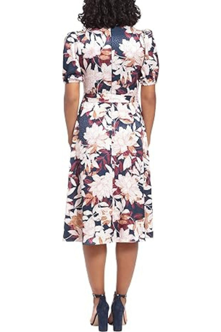 London Times Puff Sleeve Satin Midi Tie Waist Dress-2