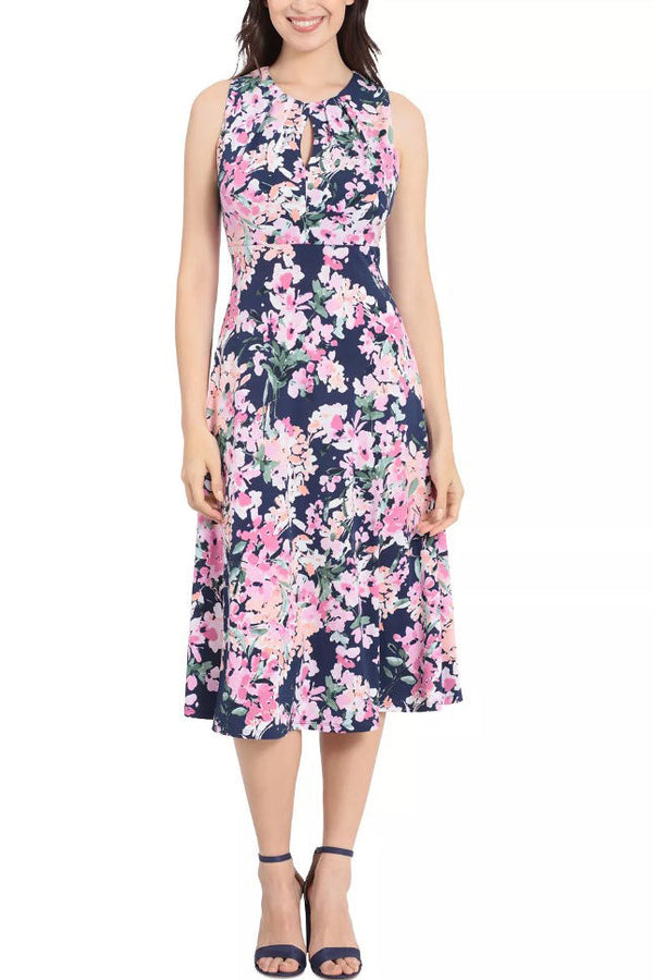 London Times Printed Sleeveless Versatile Empire A-line Keyhole Neckline Midi Dress-0
