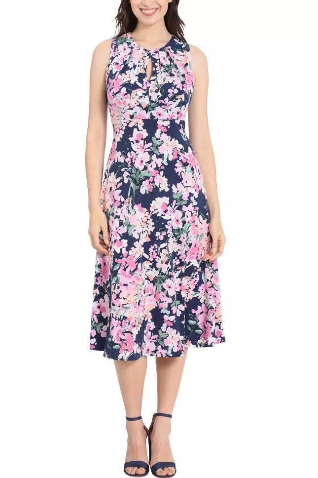 London Times Printed Sleeveless Versatile Empire A-line Keyhole Neckline Midi Dress-0