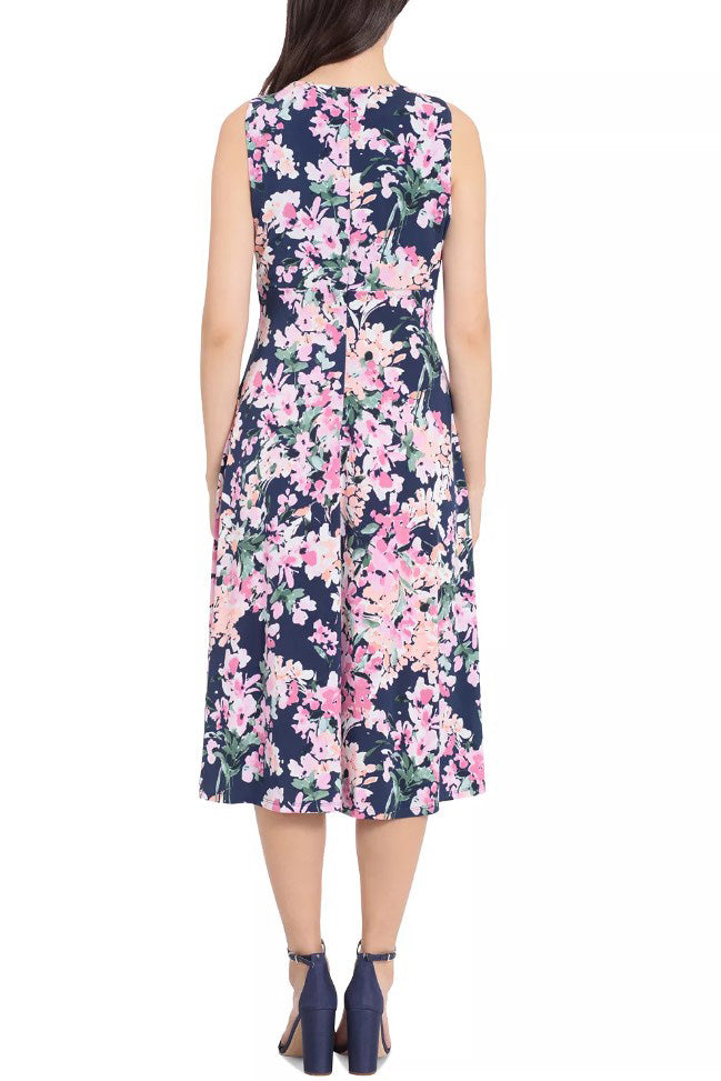 London Times Printed Sleeveless Versatile Empire A-line Keyhole Neckline Midi Dress-1