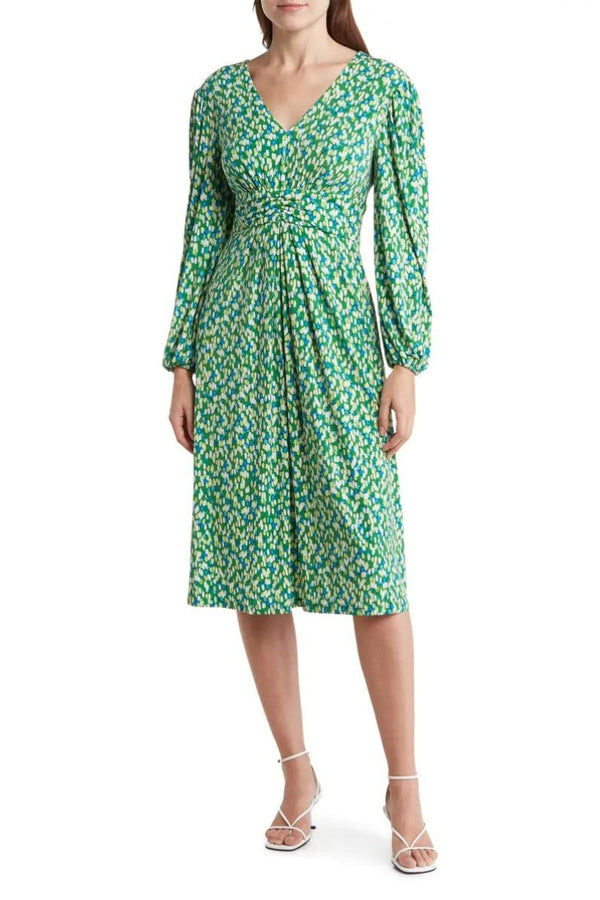 London Times Long Sleeve Ruched Empire Waist Midi Dress-0