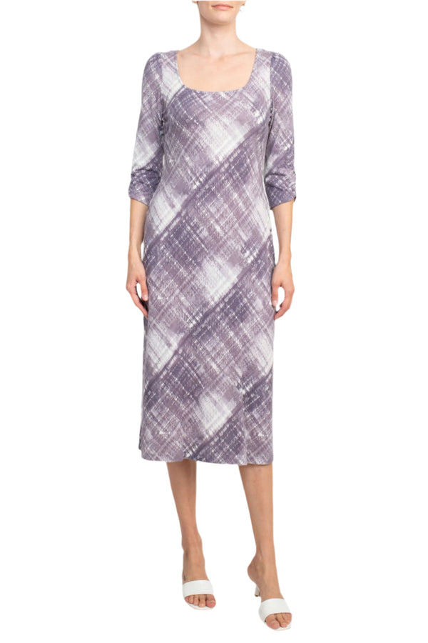 Connected Apparel Square Neck ¾ Sleeve Multi Print A-Line Knit Dress-0