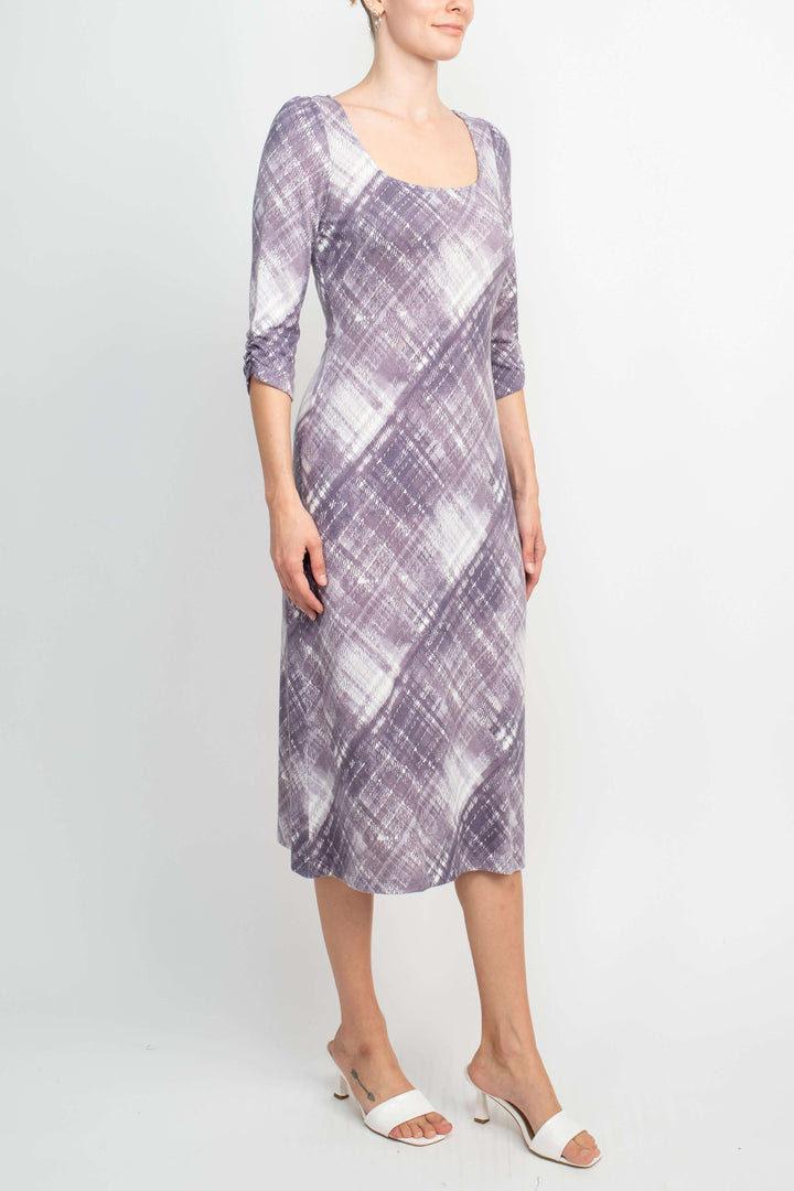 Connected Apparel Square Neck ¾ Sleeve Multi Print A-Line Knit Dress-1
