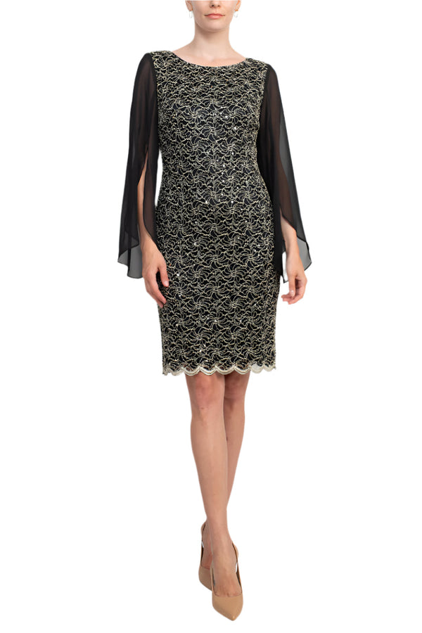 Connected Apparel Boat Neck Chiffon Sleeve Sequined Lace Dress-0