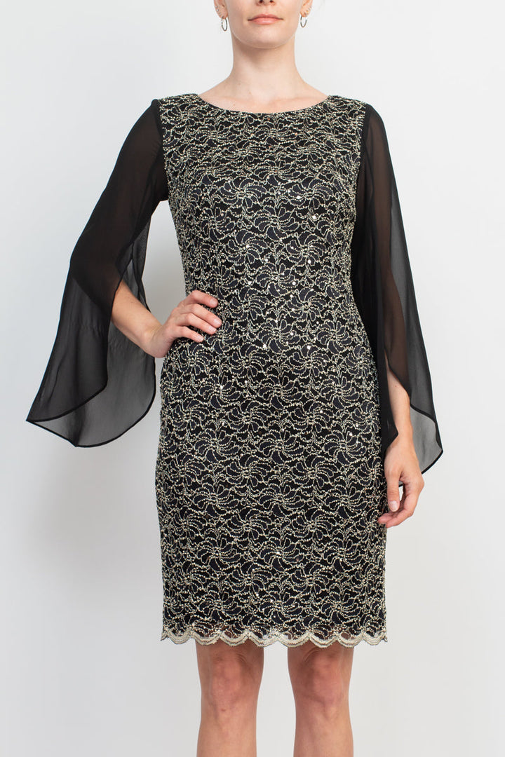 Connected Apparel Boat Neck Chiffon Sleeve Sequined Lace Dress-1