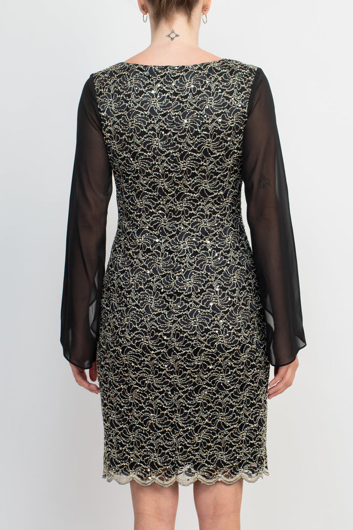 Connected Apparel Boat Neck Chiffon Sleeve Sequined Lace Dress-3