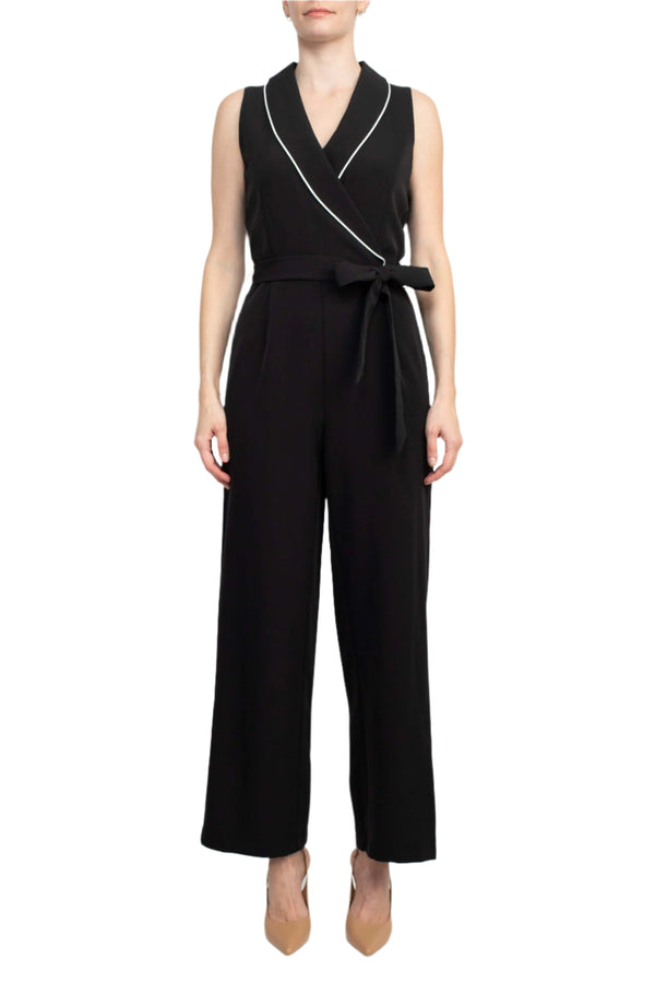 Tahari Lapel Collar V-Neck Sleeveless Piping Detail Tie Waist Scuba Jumpsuit-0