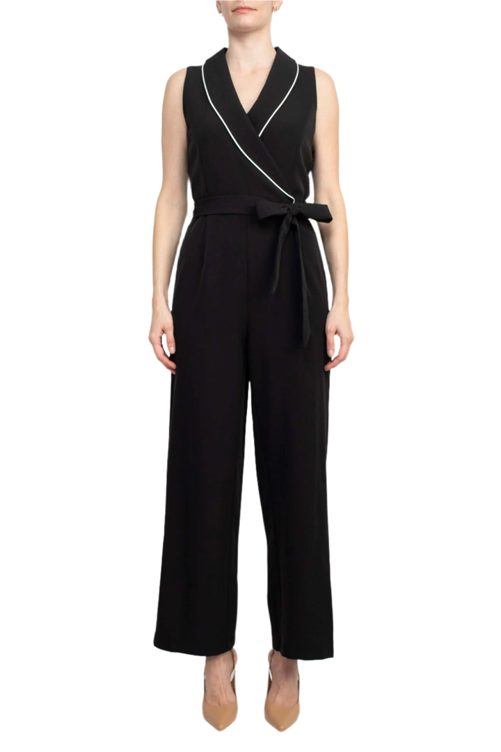 Tahari Lapel Collar V-Neck Sleeveless Piping Detail Tie Waist Scuba Jumpsuit-0
