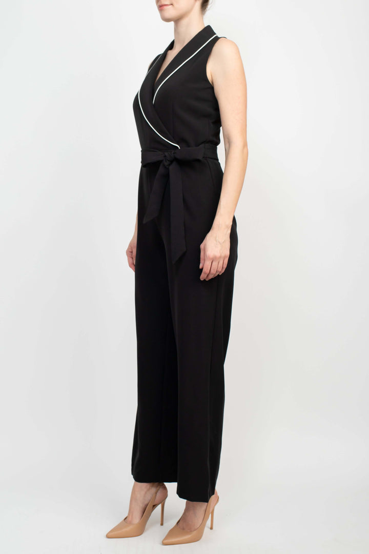 Tahari Lapel Collar V-Neck Sleeveless Piping Detail Tie Waist Scuba Jumpsuit-1