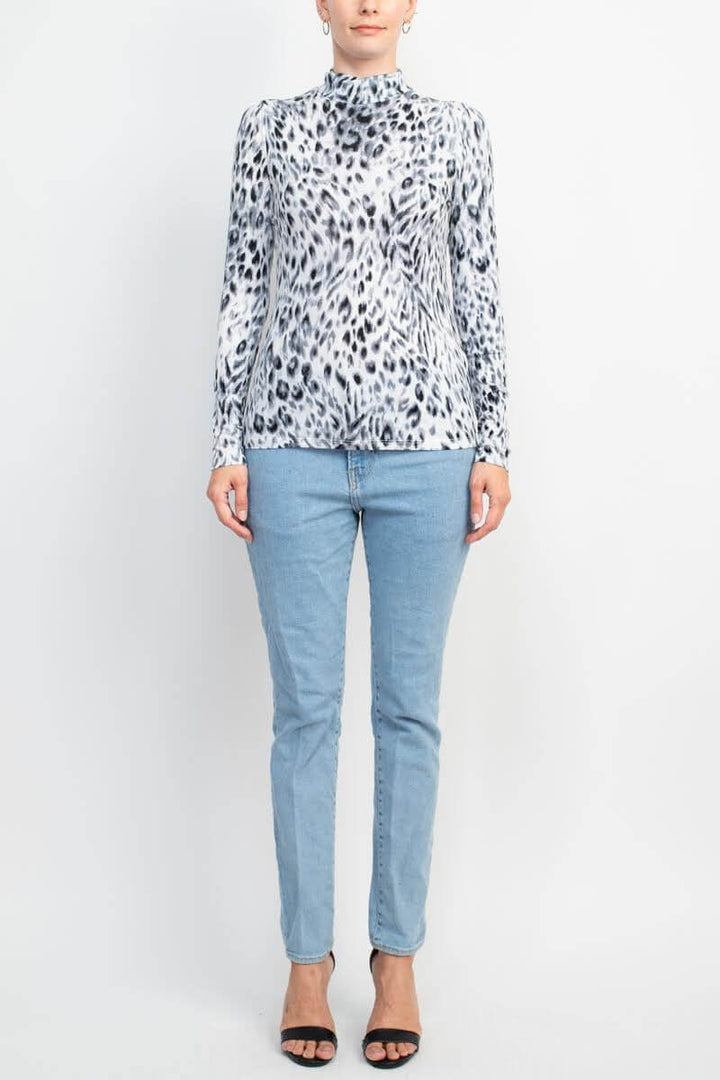 T Tahari High Neck Long Sleeve Animal Print Knit Top-4