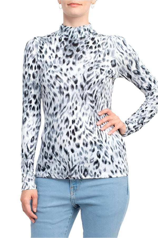 T Tahari High Neck Long Sleeve Animal Print Knit Top-0