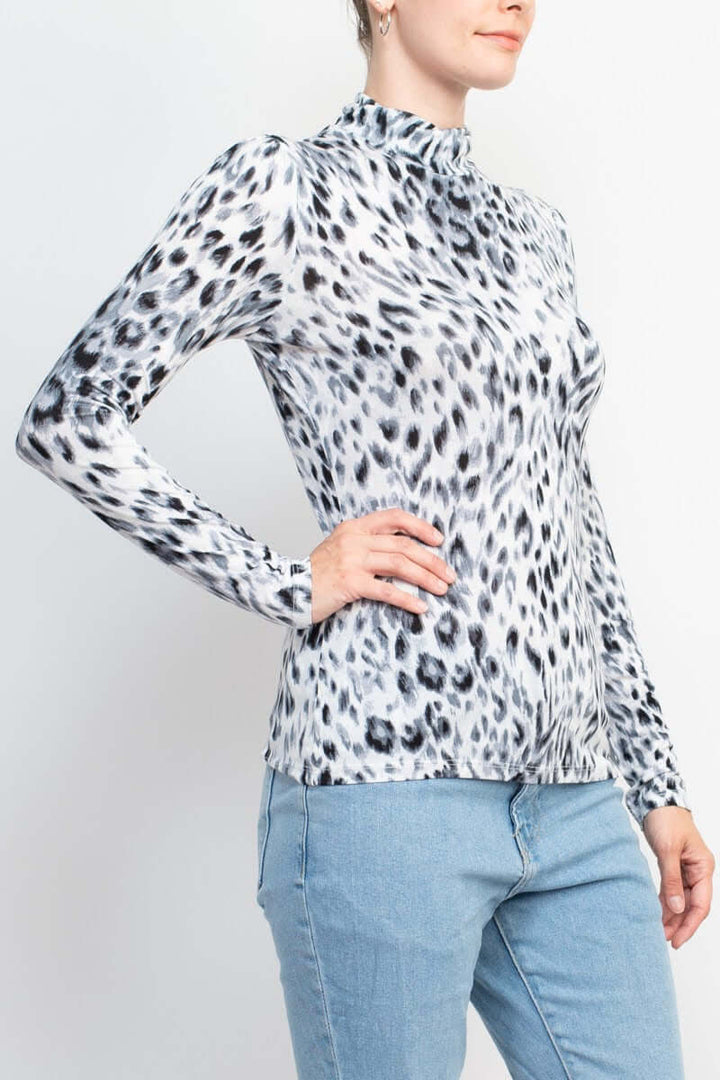 T Tahari High Neck Long Sleeve Animal Print Knit Top-1
