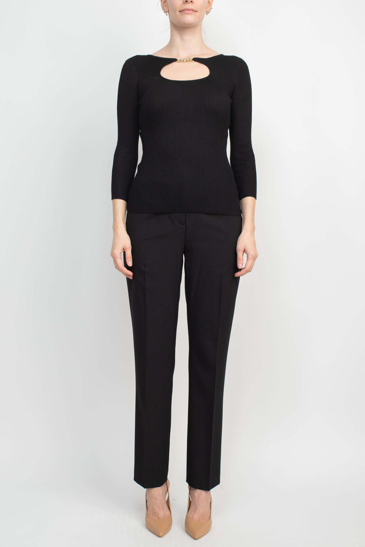 T Tahari Boat Neck Gold Metal Chain 3/4 Sleeve Ribbed Cutout Front Knit Top-3