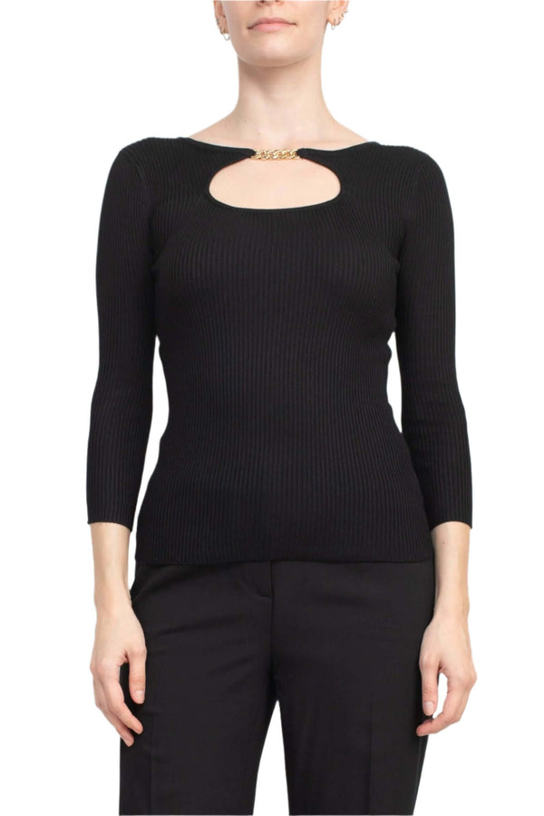 T Tahari Boat Neck Gold Metal Chain 3/4 Sleeve Ribbed Cutout Front Knit Top-0