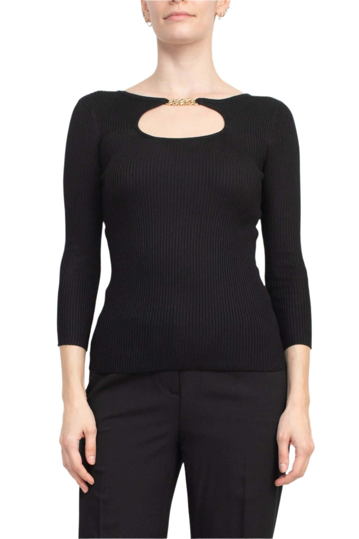 T Tahari Boat Neck Gold Metal Chain 3/4 Sleeve Ribbed Cutout Front Knit Top-0