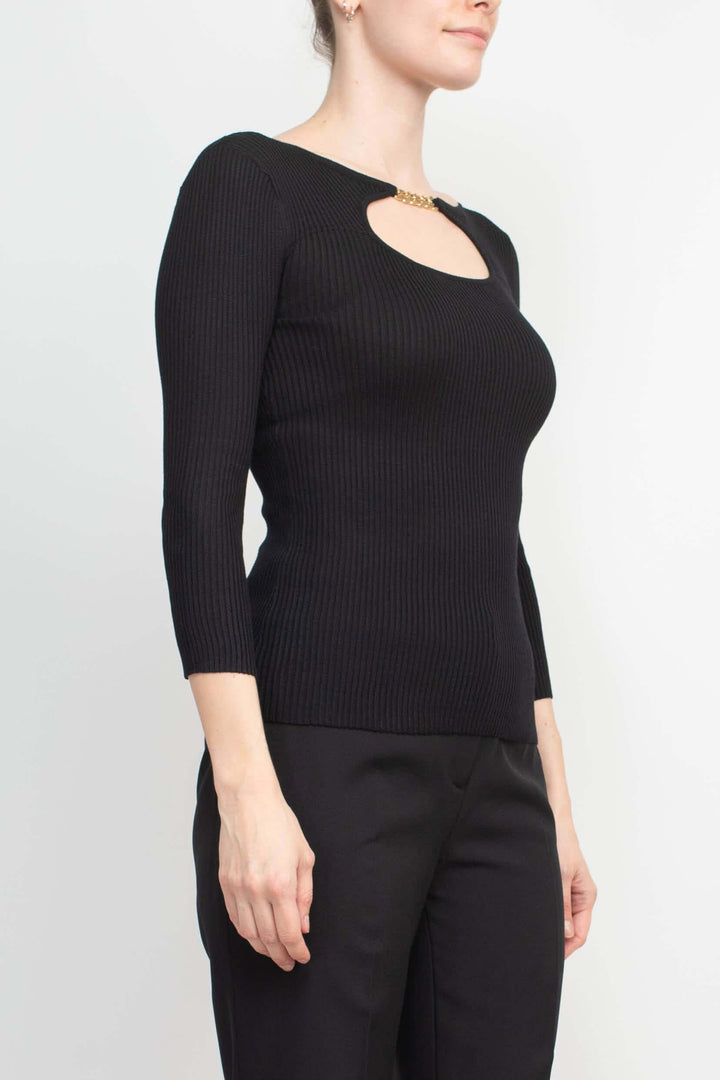 T Tahari Boat Neck Gold Metal Chain 3/4 Sleeve Ribbed Cutout Front Knit Top-1