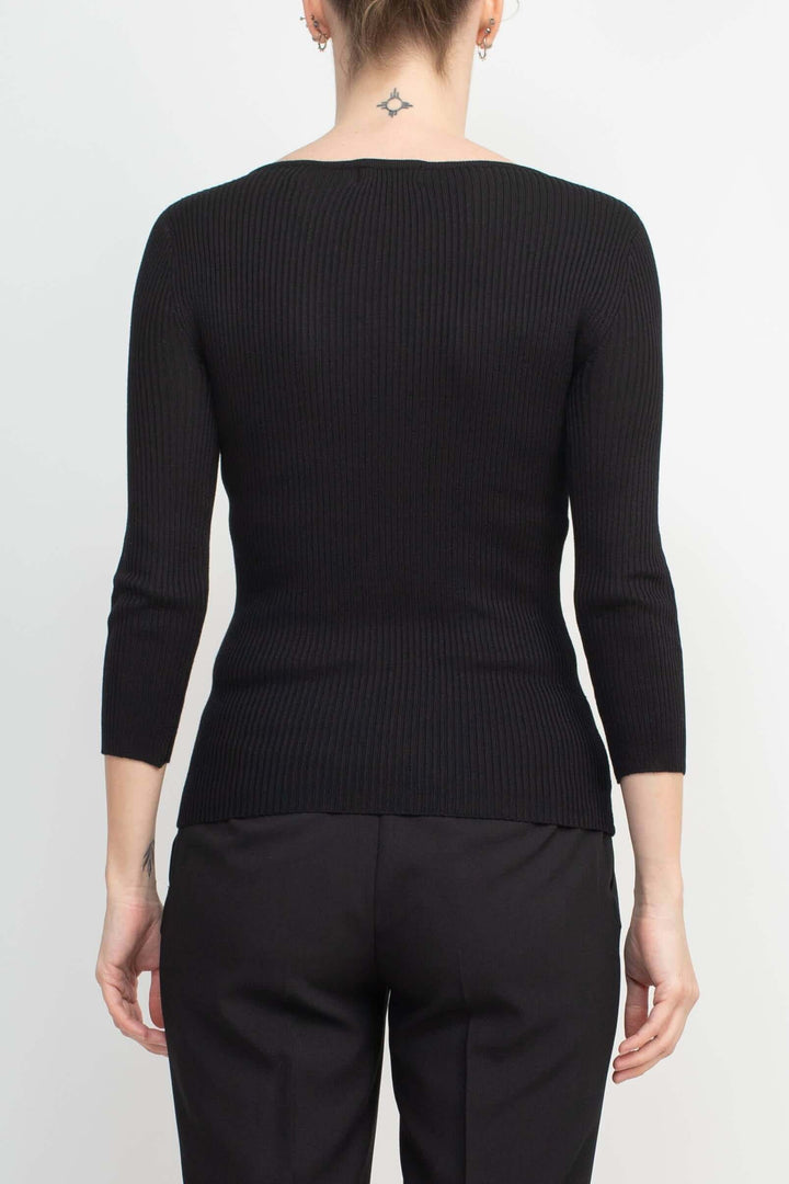 T Tahari Boat Neck Gold Metal Chain 3/4 Sleeve Ribbed Cutout Front Knit Top-2