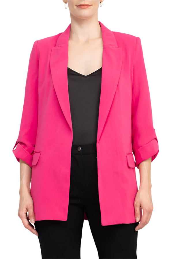 T Tahari Lapel Collar 3/4 Roll Sleeve Open Front Woven Jacket-0